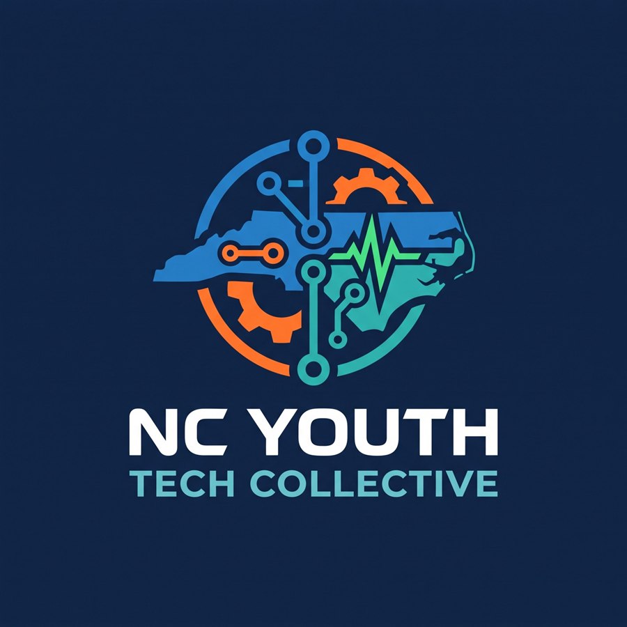 NC Youth Tech Collective logo: a map of North Carolina with circuit lines, gears and a signal wave